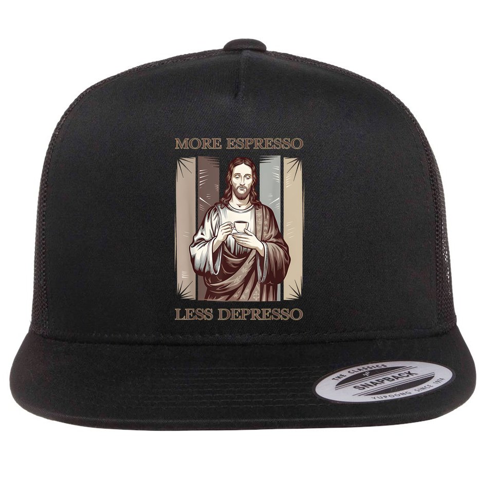 Jesus More Espresso And Less Depresso Retro Coffee Lovers Flat Bill Trucker Hat