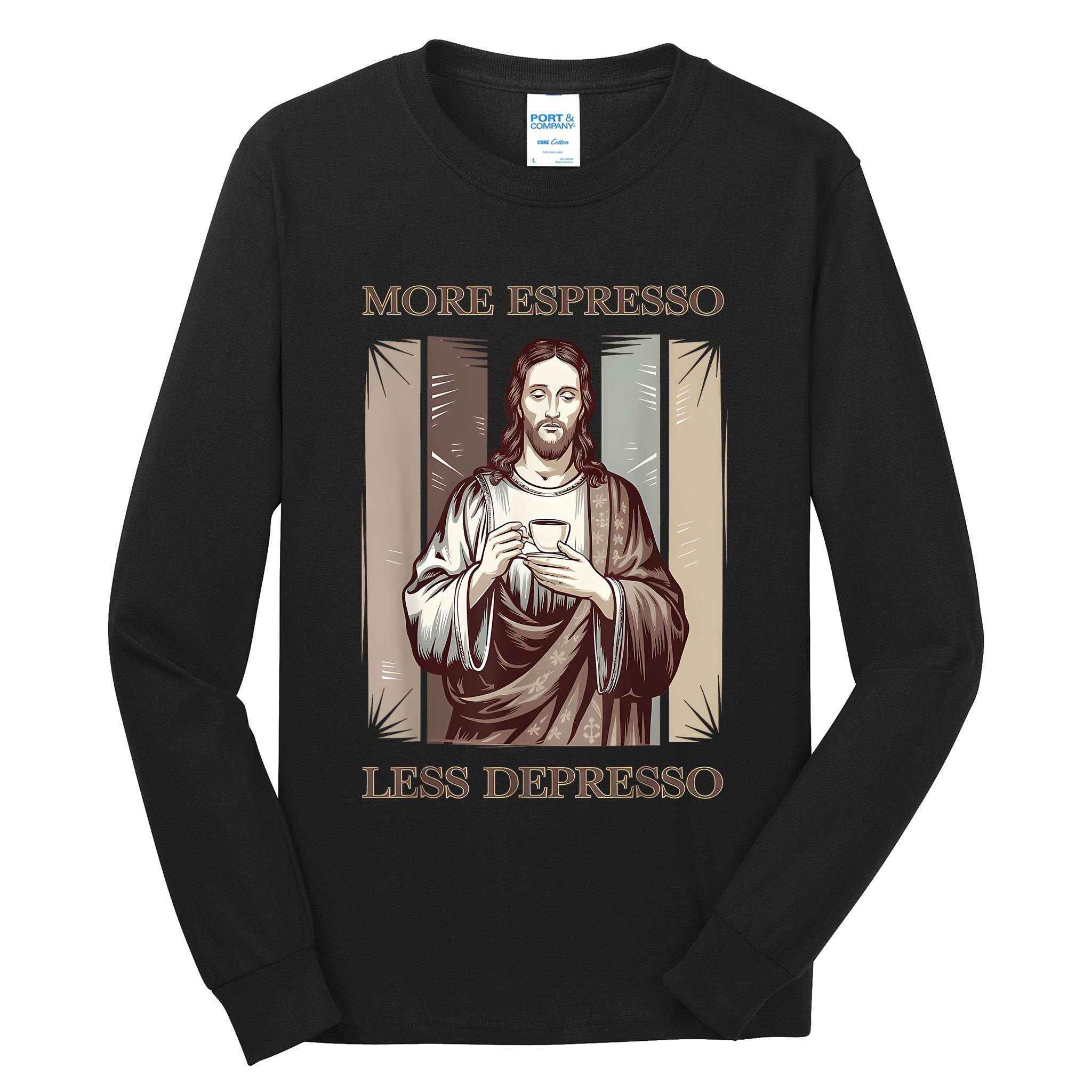 Jesus More Espresso And Less Depresso Retro Coffee Lovers Tall Long Sleeve T-Shirt