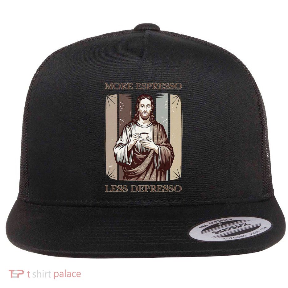 Jesus More Espresso And Less Depresso Retro Coffee Lovers Flat Bill Trucker Hat