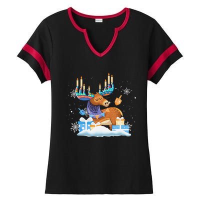 Jewish Moose Funny Hanukkah Shirt Moose Pajamas Gifts Girls  Ladies Halftime Notch Neck Tee