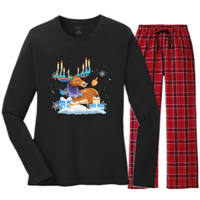 Jewish Moose Funny Hanukkah Shirt Moose Pajamas Gifts Girls  Women's Long Sleeve Flannel Pajama Set 