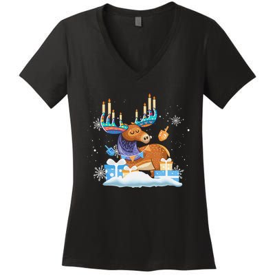 Jewish Moose Funny Hanukkah Shirt Moose Pajamas Gifts Girls  Women's V-Neck T-Shirt