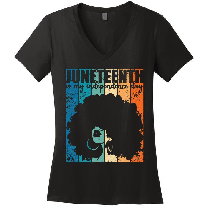 Juneteenth My Independence Day Retro Afro  Melanin Women's V-Neck T-Shirt