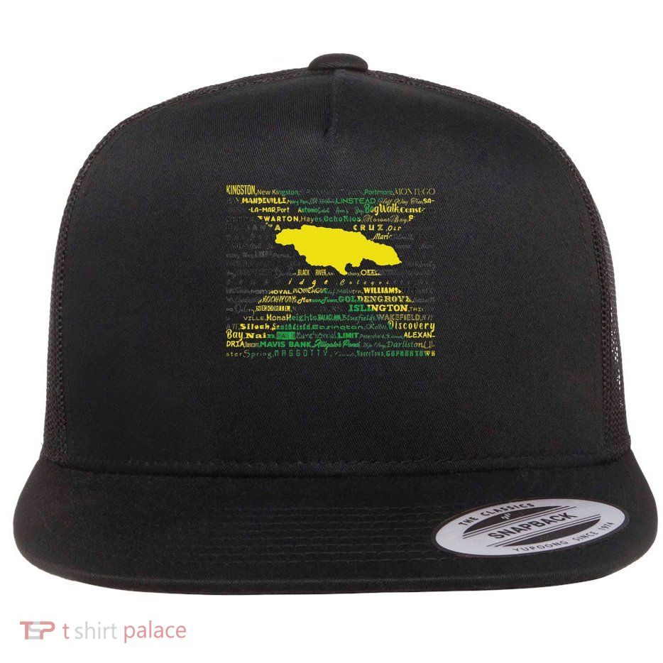 Jamaica Map, Jamaica Flag, Jamaica Cities Flat Bill Trucker Hat