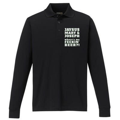 Jaysus Mary Joseph St. Patrick's Feck Beer Performance Long Sleeve Polo