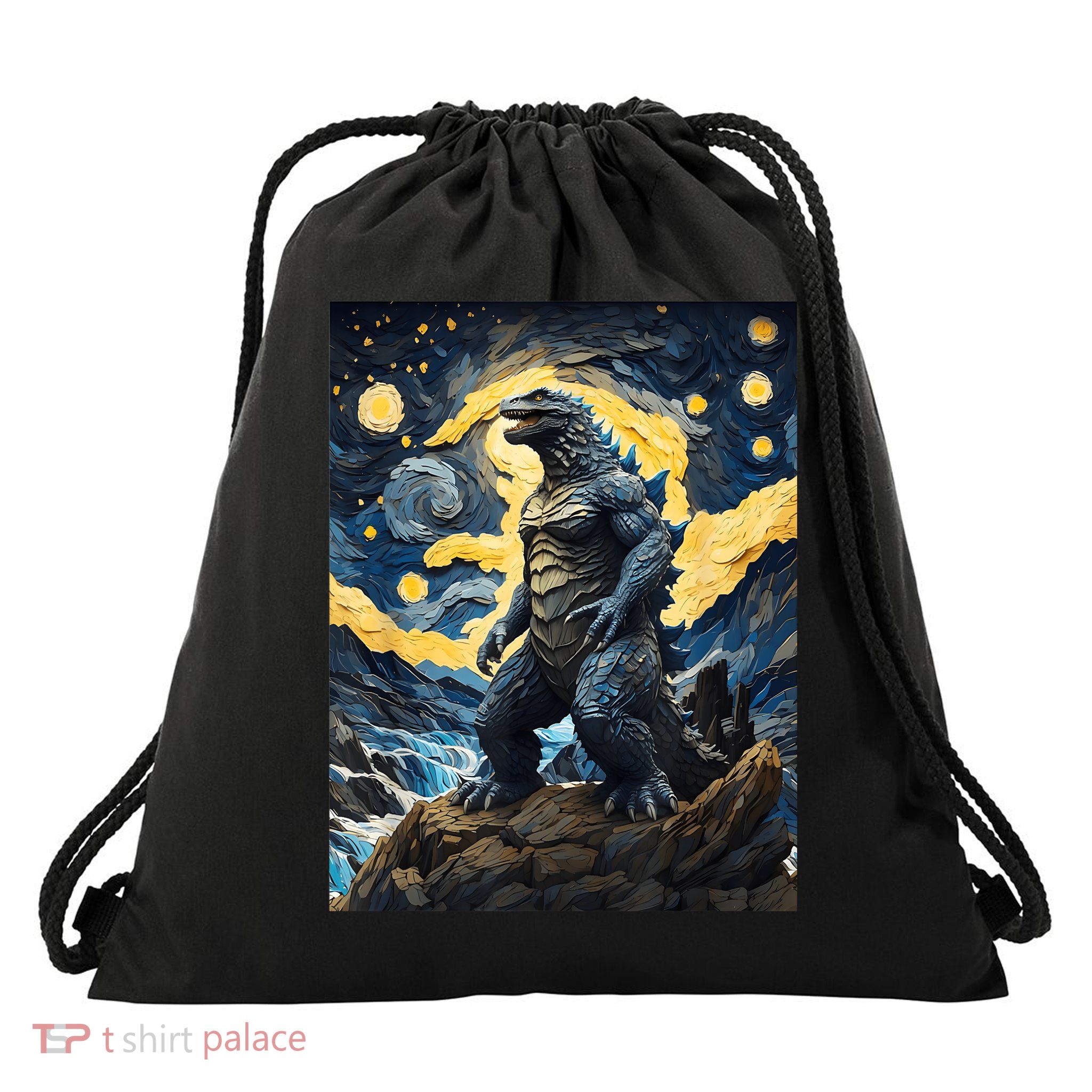 Japanese Monster Kaiju In Van Gogh Starry Night Drawstring Bag