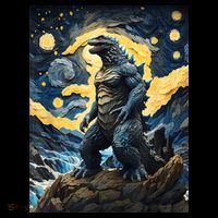 Japanese Monster Kaiju In Van Gogh Starry Night Drawstring Bag