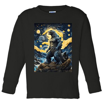 Japanese Monster Kaiju In Van Gogh Starry Night Toddler Long Sleeve Shirt