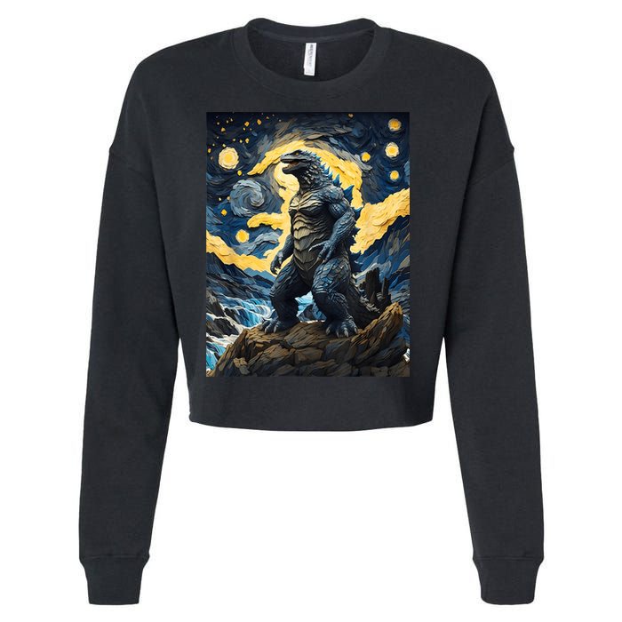 Japanese Monster Kaiju In Van Gogh Starry Night Cropped Pullover Crew