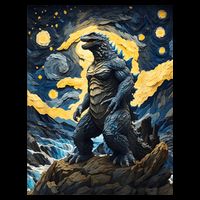 Japanese Monster Kaiju In Van Gogh Starry Night Cropped Pullover Crew