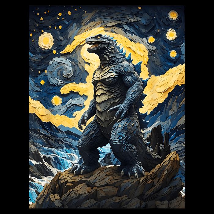 Japanese Monster Kaiju In Van Gogh Starry Night Cropped Pullover Crew