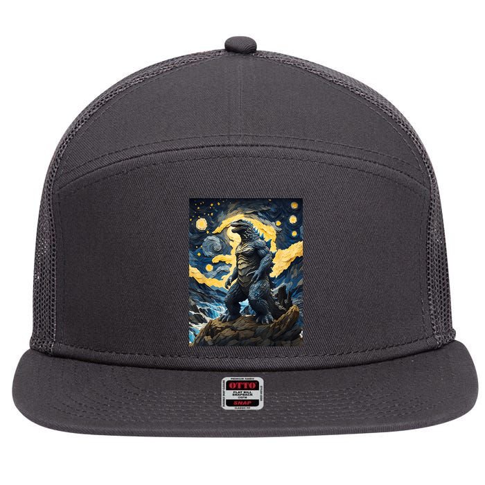 Japanese Monster Kaiju In Van Gogh Starry Night 7 Panel Mesh Trucker Snapback Hat