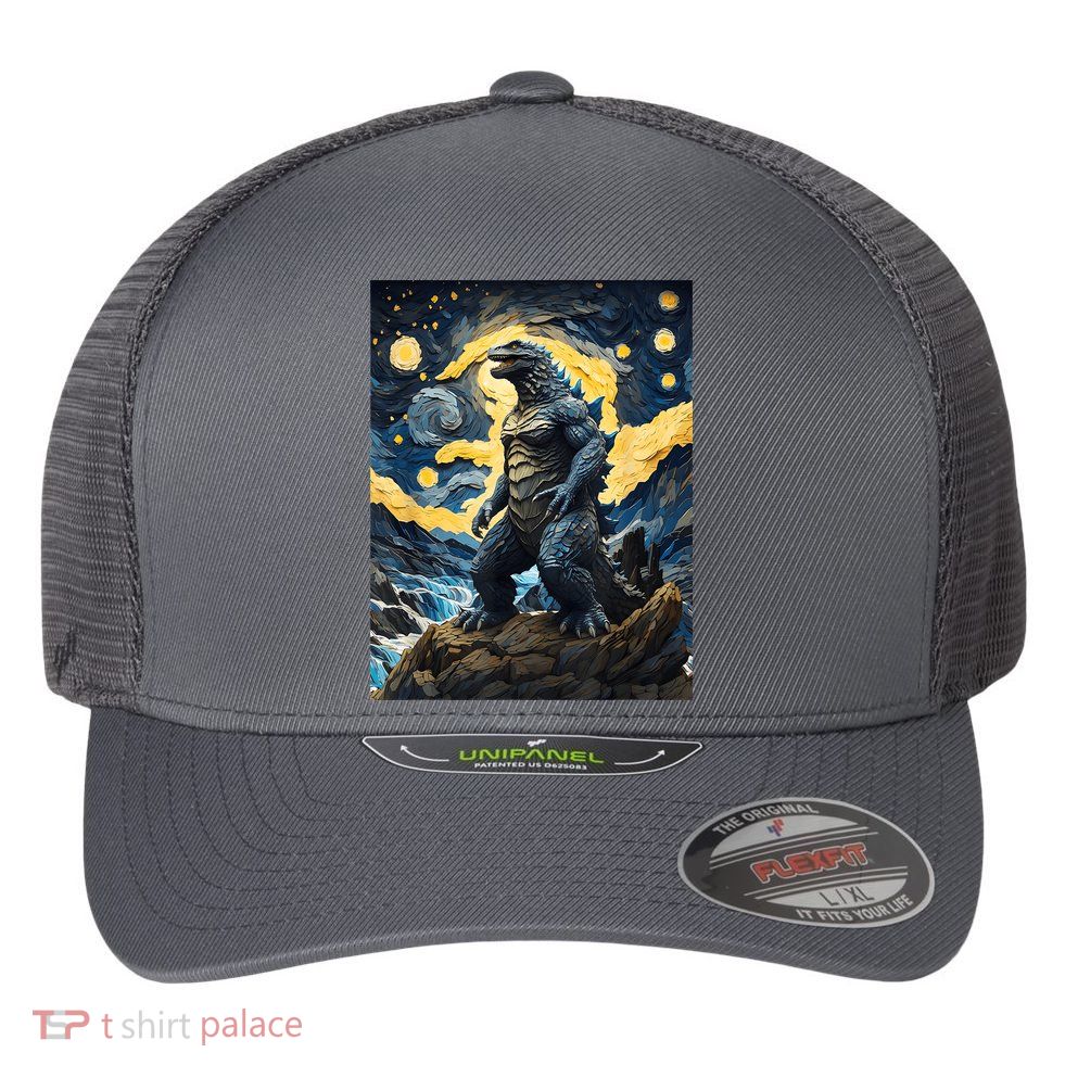 Japanese Monster Kaiju In Van Gogh Starry Night Flexfit Unipanel Trucker Cap