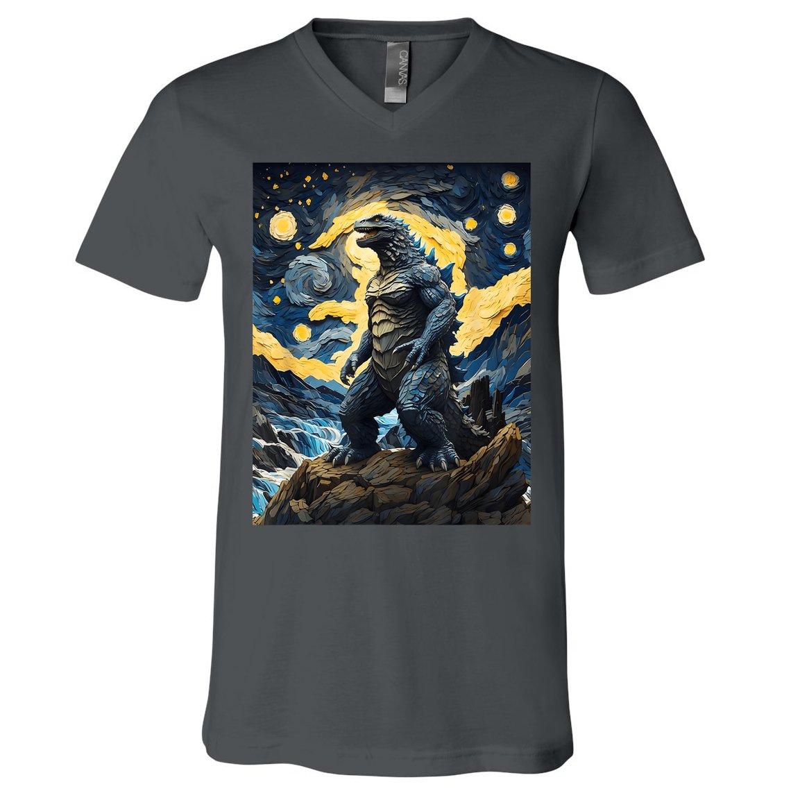 Japanese Monster Kaiju In Van Gogh Starry Night V-Neck T-Shirt
