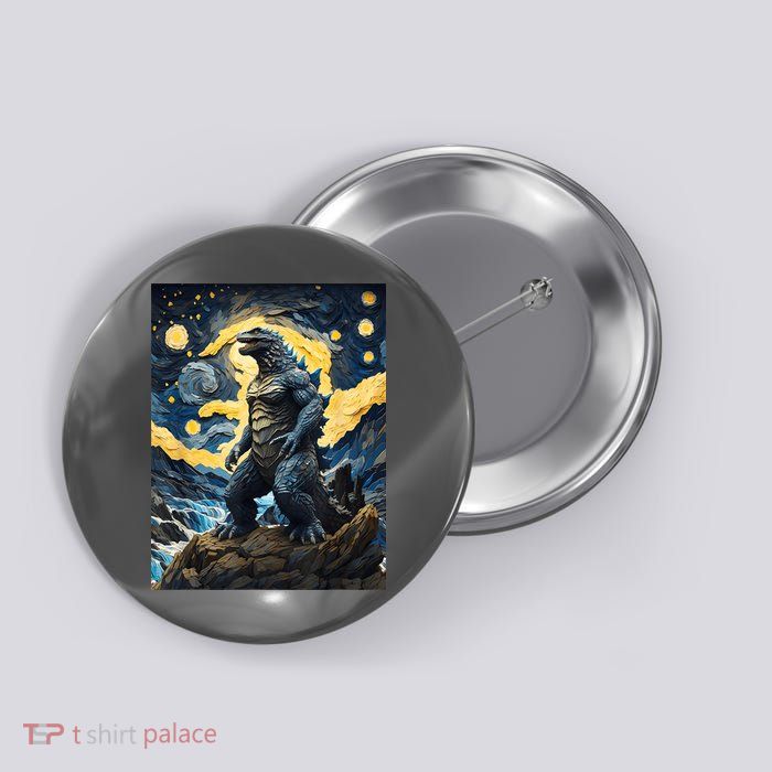 Japanese Monster Kaiju In Van Gogh Starry Night Button