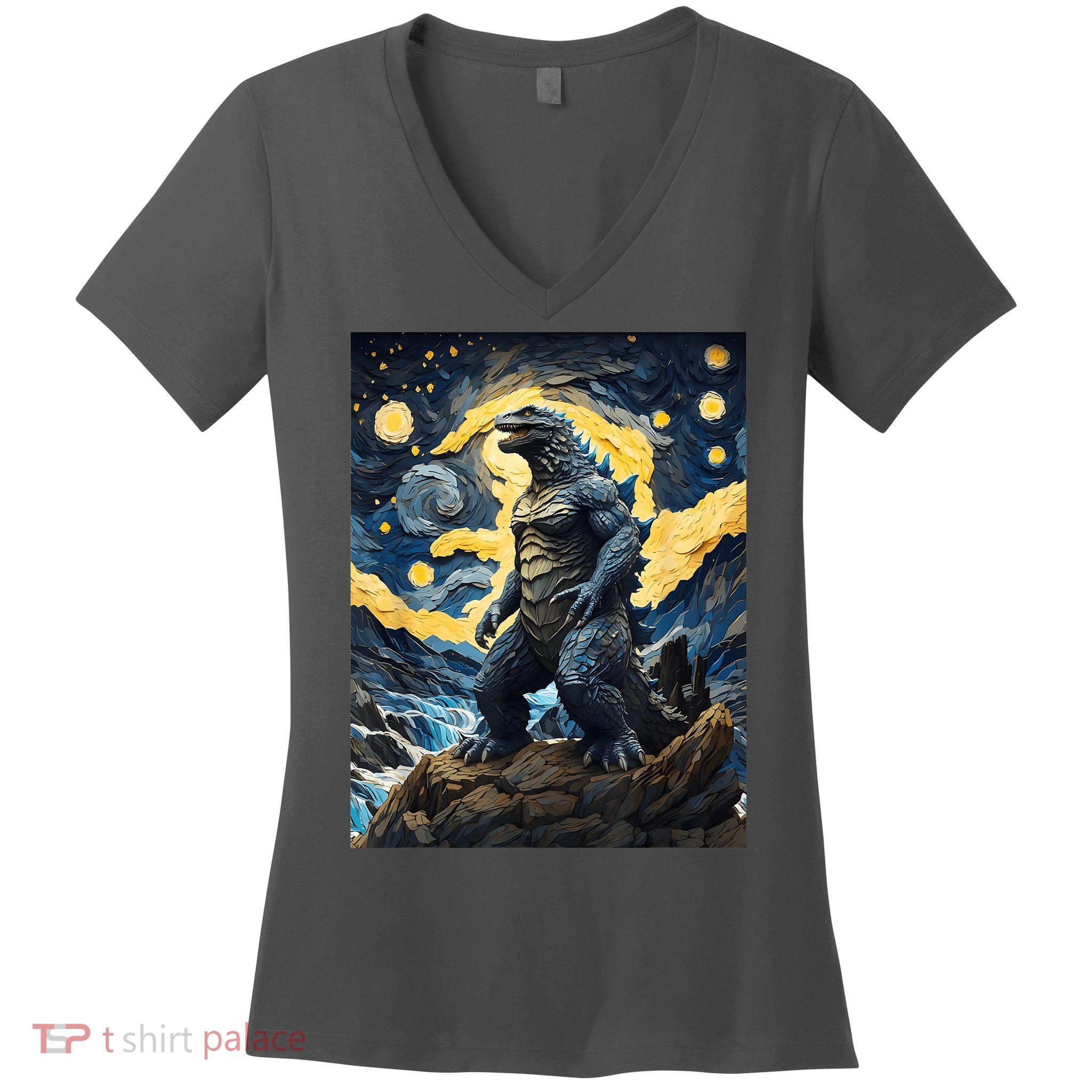 Japanese Monster Kaiju In Van Gogh Starry Night Women's V-Neck T-Shirt