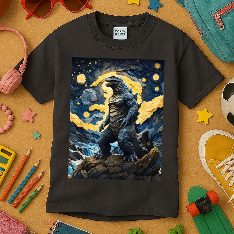 Japanese Monster Kaiju In Van Gogh Starry Night Kids T-Shirt