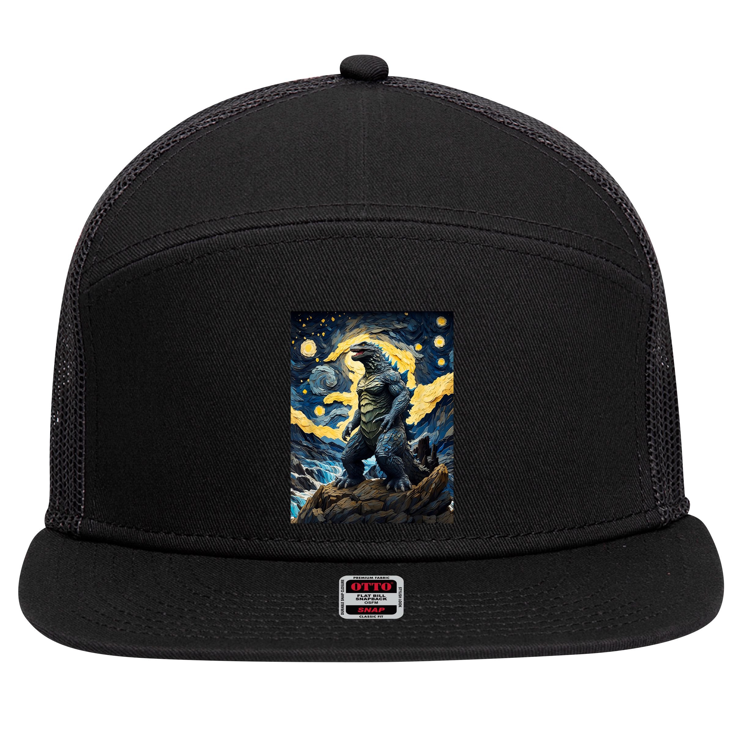 Japanese Monster Kaiju In Van Gogh Starry Night 7 Panel Mesh Trucker Snapback Hat