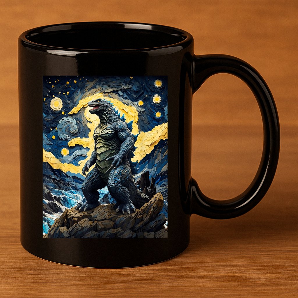 Japanese Monster Kaiju In Van Gogh Starry Night 11oz C Handle Ceramic Mug