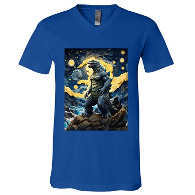 Japanese Monster Kaiju In Van Gogh Starry Night V-Neck T-Shirt