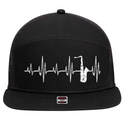 Jazz Music Lover Heartbeat Sax Player Saxophone Funny Gift 7 Panel Mesh Trucker Snapback Hat