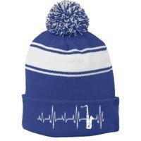 Jazz Music Lover Heartbeat Sax Player Saxophone Funny Gift Stripe Pom Pom Beanie