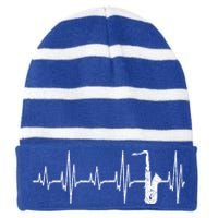 Jazz Music Lover Heartbeat Sax Player Saxophone Funny Gift Striped Beanie with Solid Band