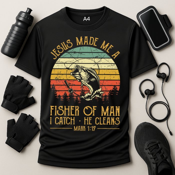 Jesus Made Me A Fisher Of Man Christian Fishing Fisherman Cooling Performance Crew T-Shirt