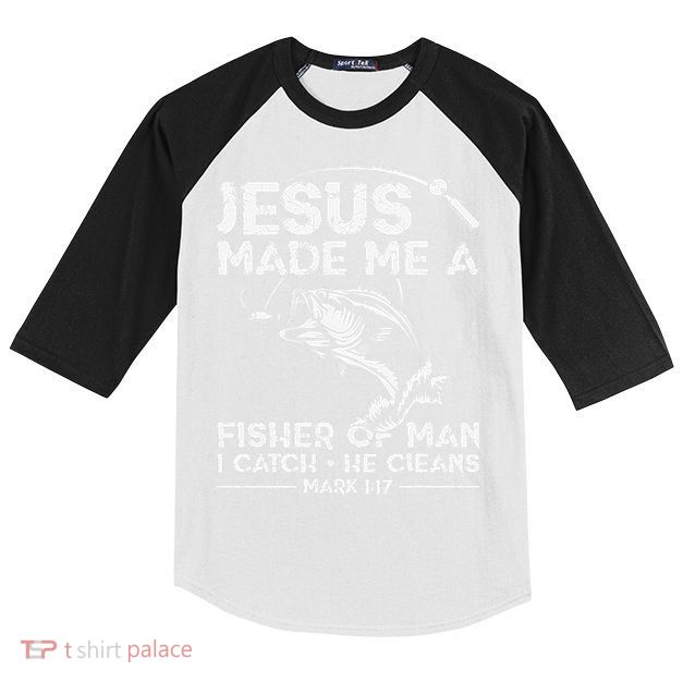Jesus Made Me A Fisher Of Man Fishing Fisherman Christian Kids Colorblock Raglan Jersey