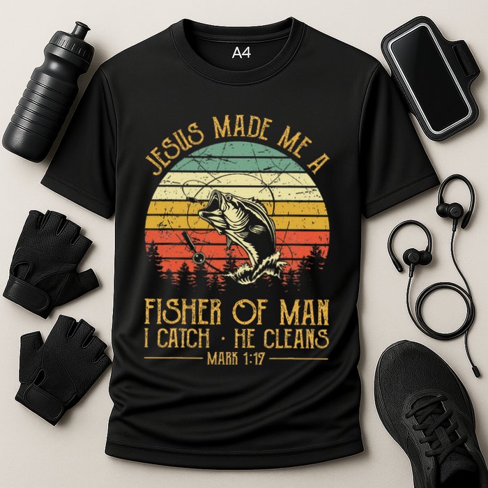 Jesus Made Me A Fisher Of Man Christian Fishing Fisherman Cooling Performance Crew T-Shirt
