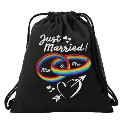 Just Married Mrs & Mrs Gay Lesbian Wedding Engagement Lgbtq Drawstring Bag