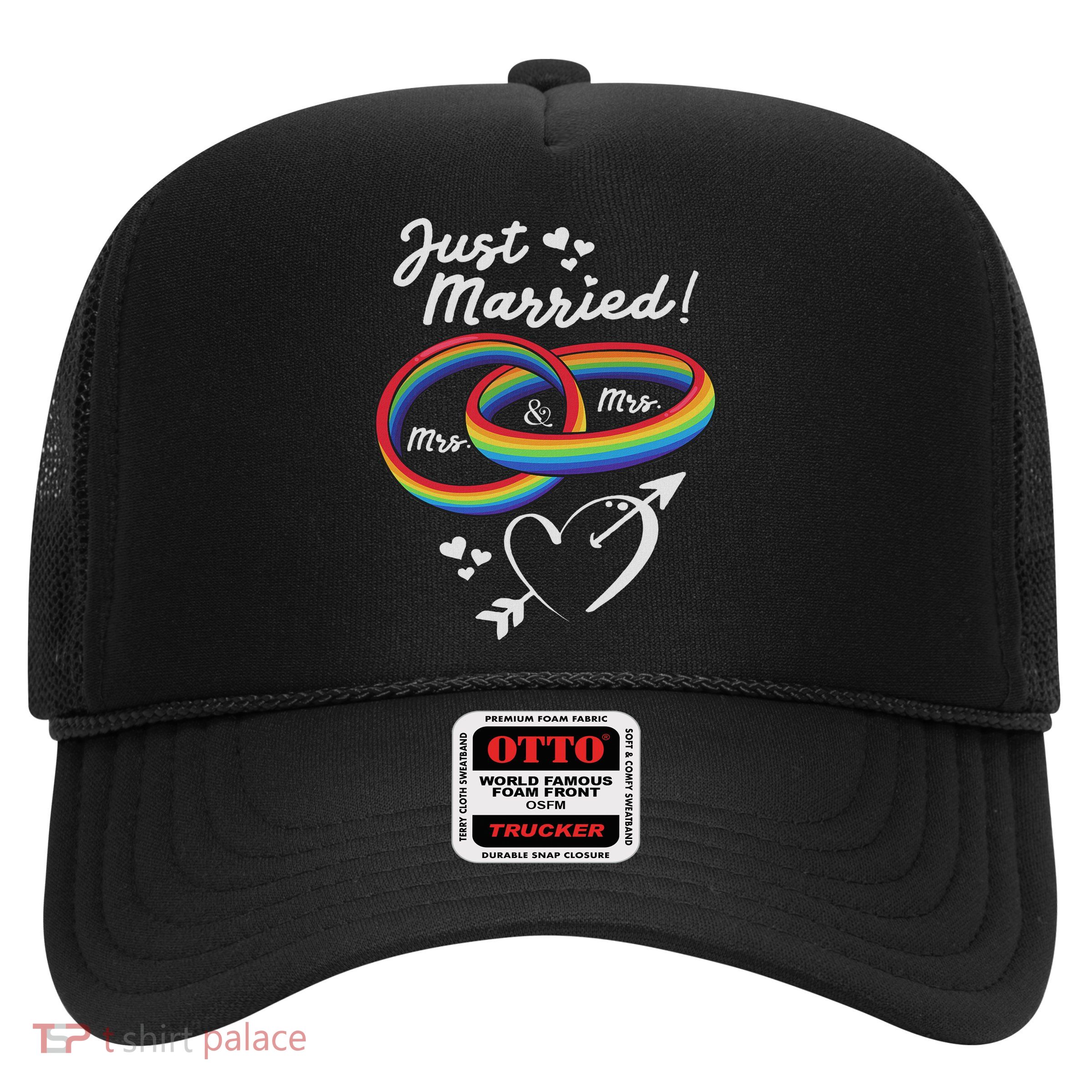 Just Married Mrs & Mrs Gay Lesbian Wedding Engagement Lgbtq Trucker Hat