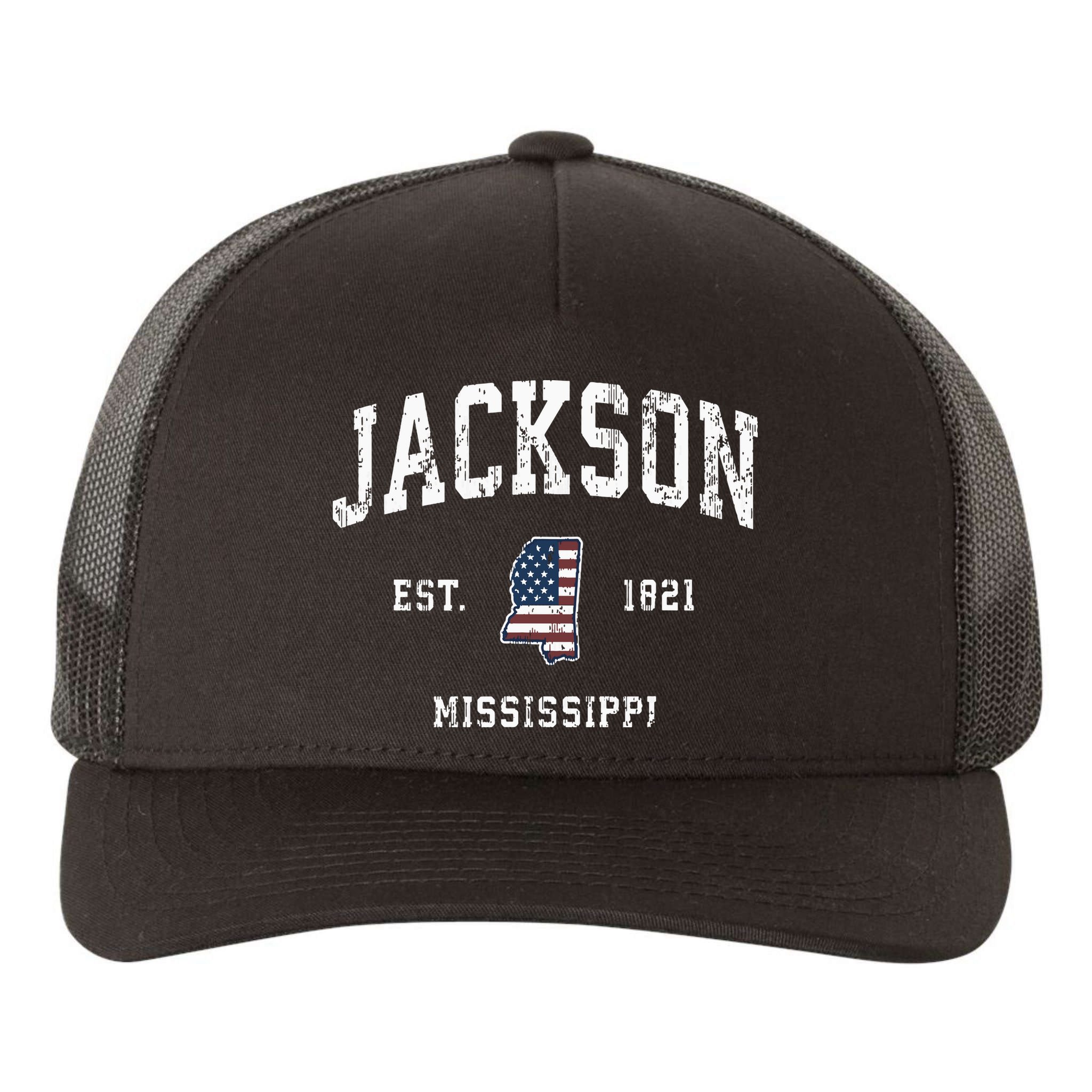 Jackson Mississippi Ms Vintage American Flag Sports Design Yupoong Adult 5-Panel Trucker Hat