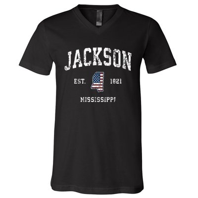 Jackson Mississippi Ms Vintage American Flag Sports Design V-Neck T-Shirt