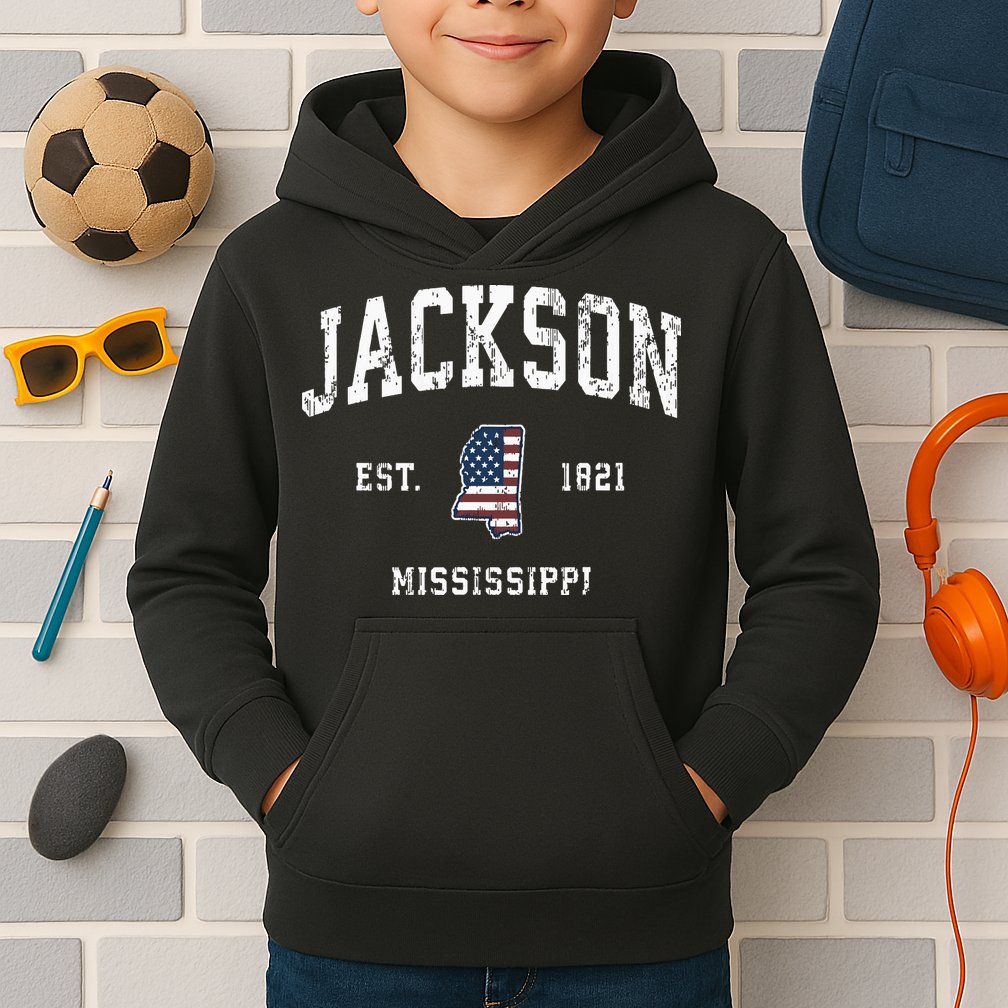 Jackson Mississippi Ms Vintage American Flag Sports Design Kids Hoodie