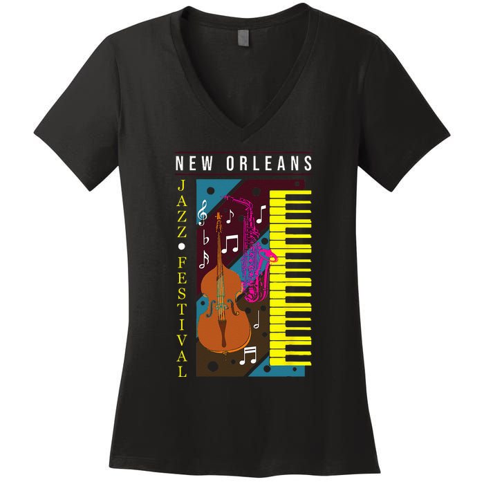 Jazz Music New Orleans Music Festival Musical Souvenir Women's V-Neck T-Shirt