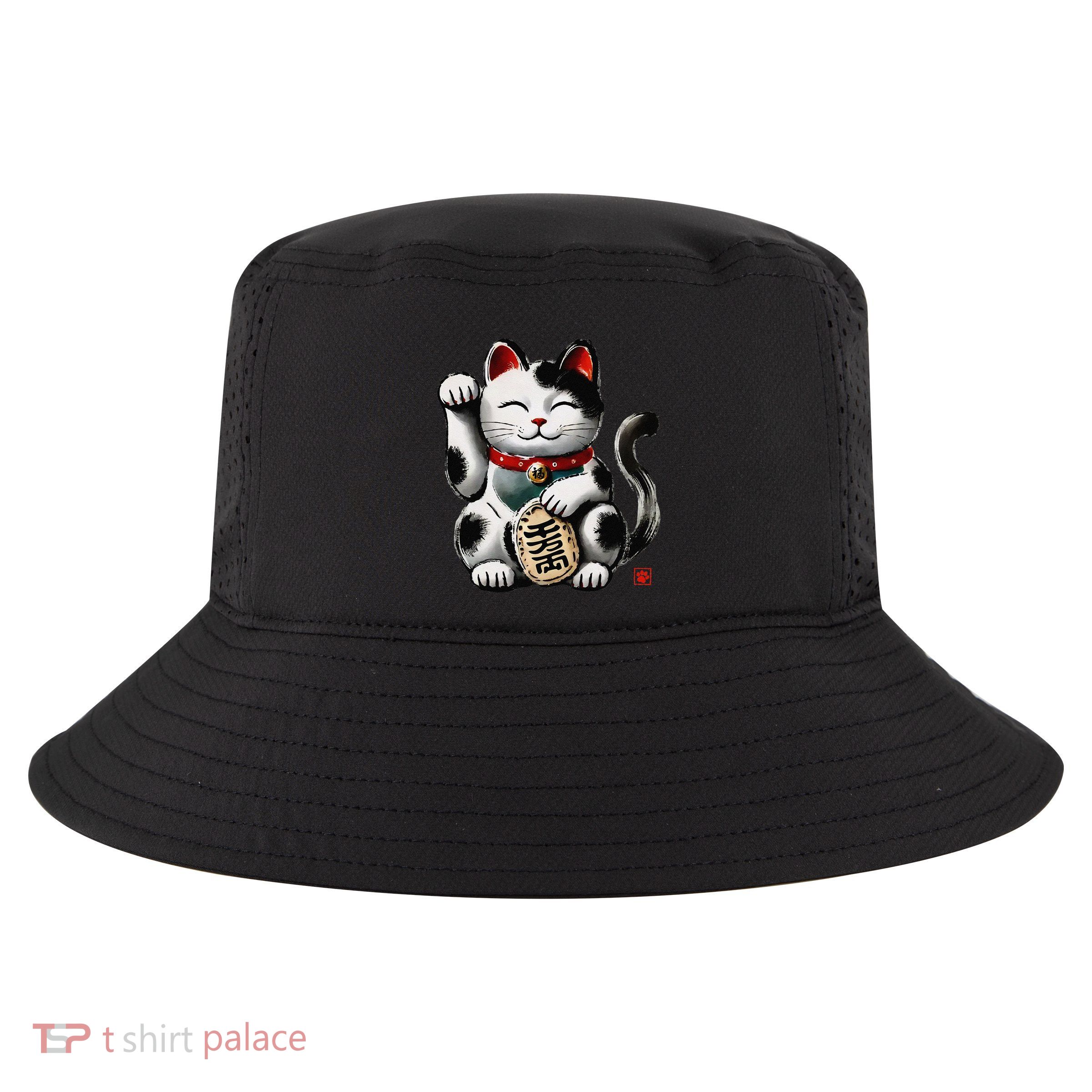 Japanese Maneki Neko Sumie Ink Lucky Cat Fortune Art Cool Comfort Performance Bucket Hat