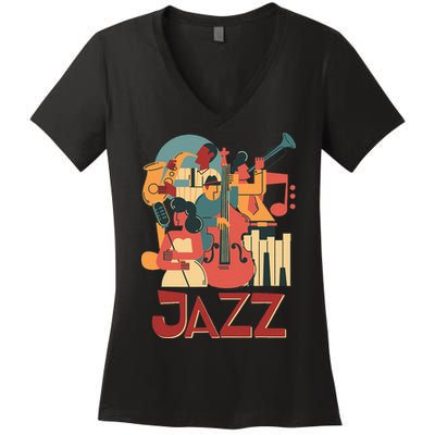 Jazz Musician Orchestra Play On Stage Smooth Jazz Women's V-Neck T-Shirt