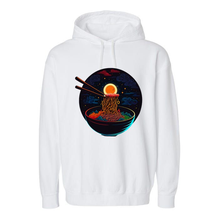 Japanese Moon Ramen Graphic Neon Retro Anime Noodles Art Garment-Dyed Fleece Hoodie