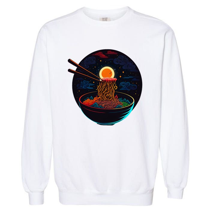 Japanese Moon Ramen Graphic Neon Retro Anime Noodles Art Garment-Dyed Sweatshirt