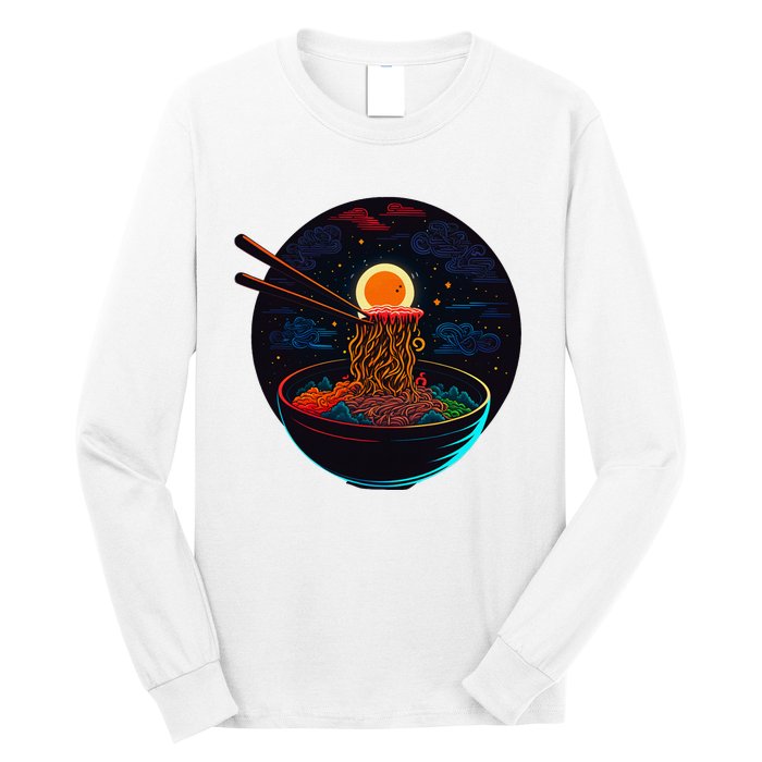 Japanese Moon Ramen Graphic Neon Retro Anime Noodles Art Long Sleeve Shirt