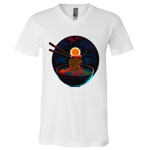 Japanese Moon Ramen Graphic Neon Retro Anime Noodles Art V-Neck T-Shirt