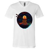 Japanese Moon Ramen Graphic Neon Retro Anime Noodles Art V-Neck T-Shirt