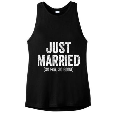 Just Married So Far So Good Newlywed Bride And Groom Ladies PosiCharge Tri-Blend Wicking Tank