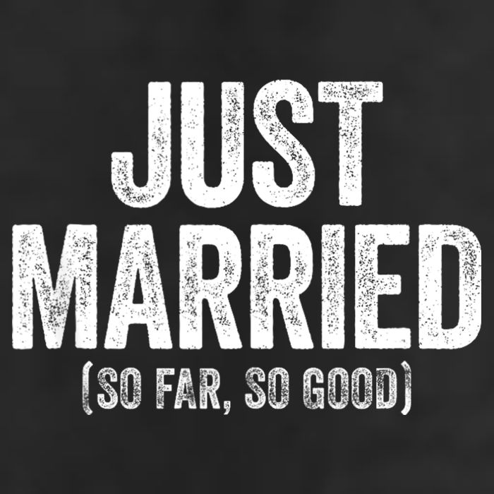 Just Married So Far So Good Newlywed Bride And Groom 7 Panel Mesh Trucker Snapback Hat