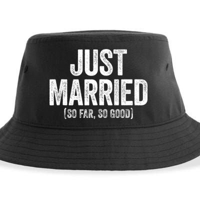 Just Married So Far So Good Newlywed Bride And Groom Sustainable Bucket Hat