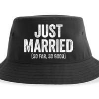 Just Married So Far So Good Newlywed Bride And Groom Sustainable Bucket Hat