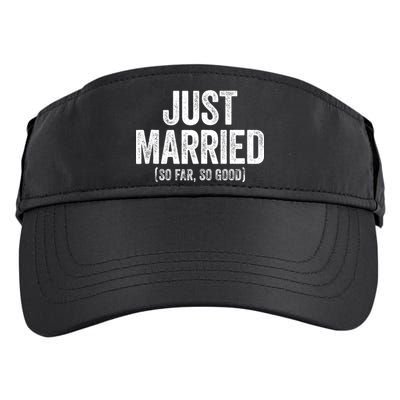 Just Married So Far So Good Newlywed Bride And Groom Adult Drive Performance Visor
