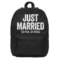 Just Married So Far So Good Newlywed Bride And Groom 16 in Basic Backpack