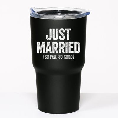 Just Married So Far So Good Newlywed Bride And Groom Tumbler